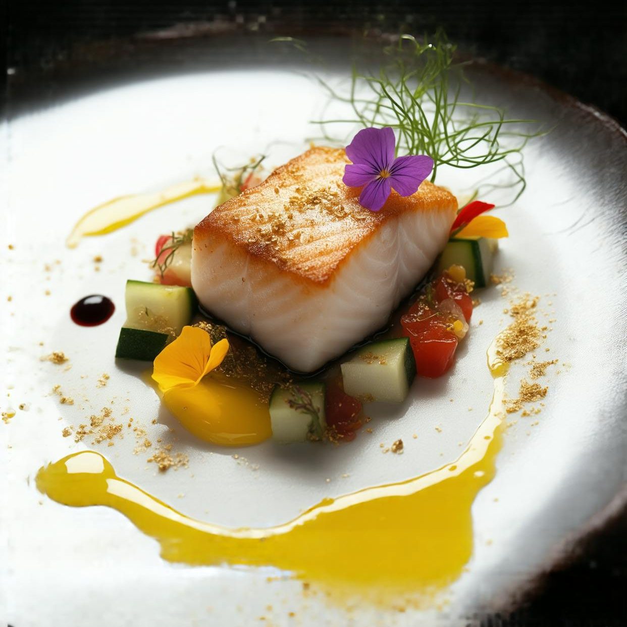 Artistic presentation of salmon with vegetables and edible flowers on a white plate.